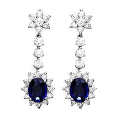 Exquisite 5.50 Carat Natural Sapphire and Diamond 14k Solid White Gold Earrings