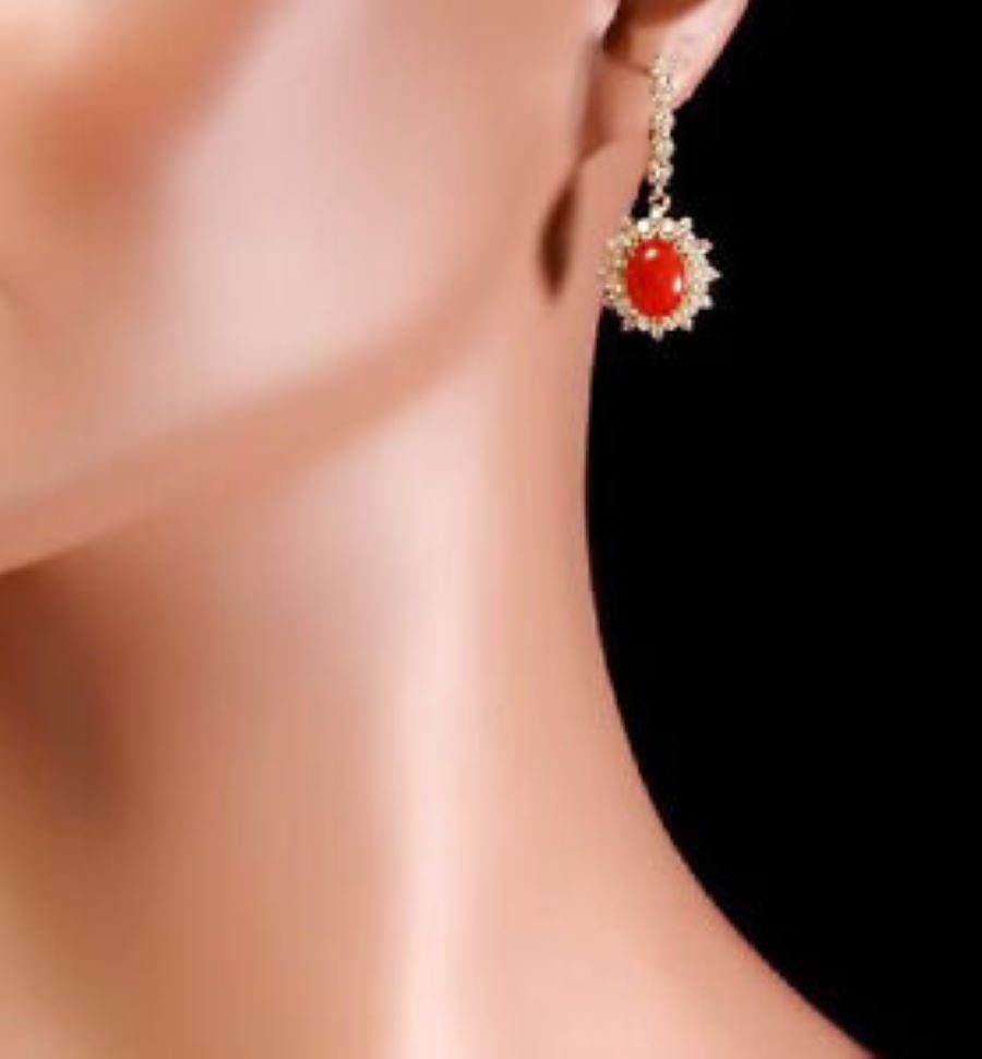 Women's Exquisite 5.60 Carat Natural Coral and Diamond 14K Solid Yellow Gold Earrings For Sale