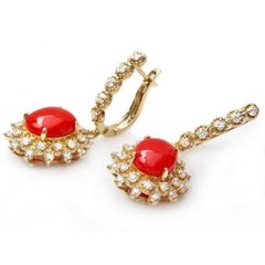Exquisite 5.60 Carat Natural Coral and Diamond 14K Solid Yellow Gold Earrings