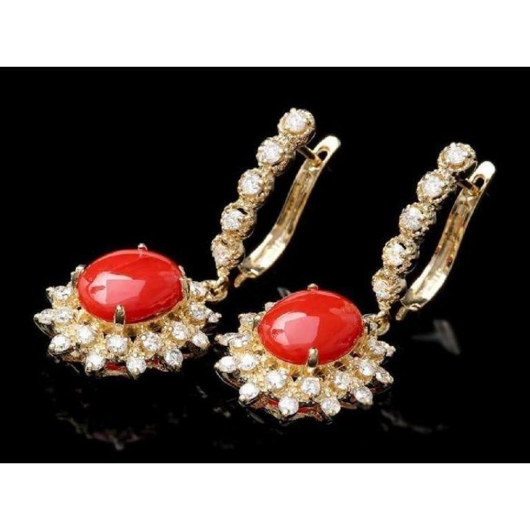 Round Cut Exquisite 5.60 Carat Natural Coral and Diamond 14K Solid Yellow Gold Earrings For Sale