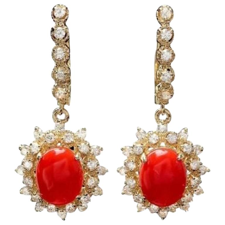 Exquisite 5.60 Carat Natural Coral and Diamond 14K Solid Yellow Gold Earrings For Sale