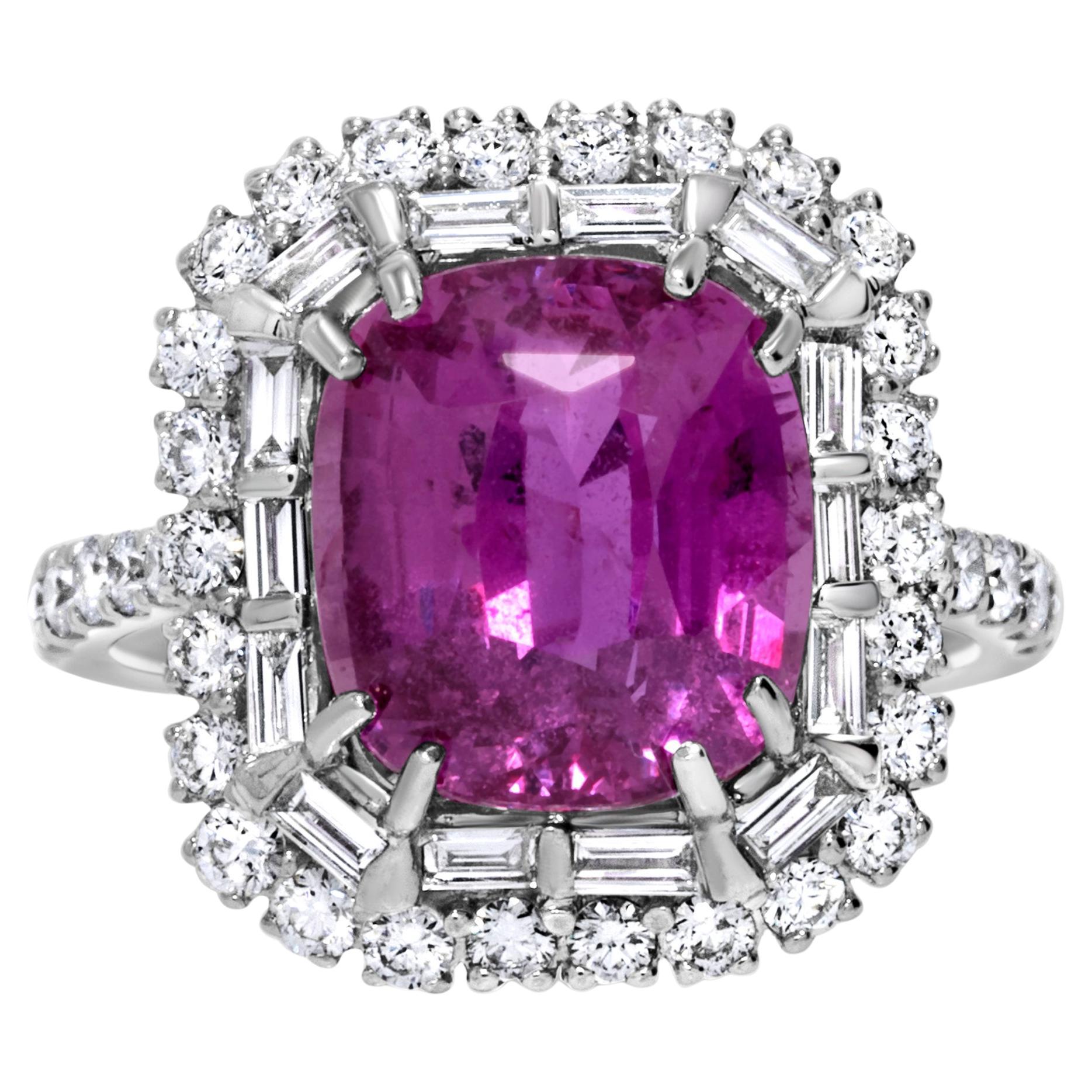 Exquisite 6.51ct Cert Purplish Pink Cushion Sapphire & Diamond Ring in 18k WG