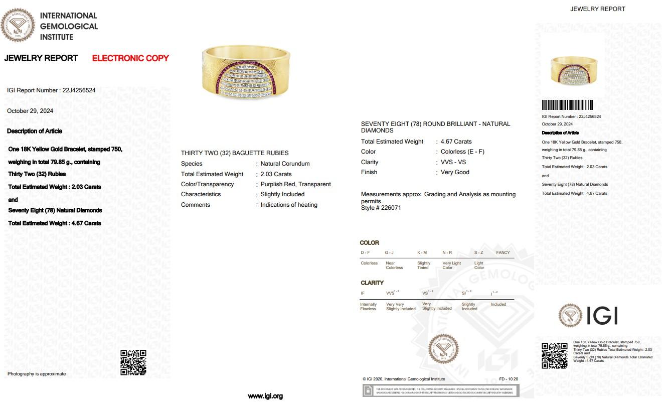 Exquisiter Armreif aus 18 Karat Gelbgold mit 6,70 Karat Diamanten und Rubinen - IGI-zertifiziert Damen im Angebot