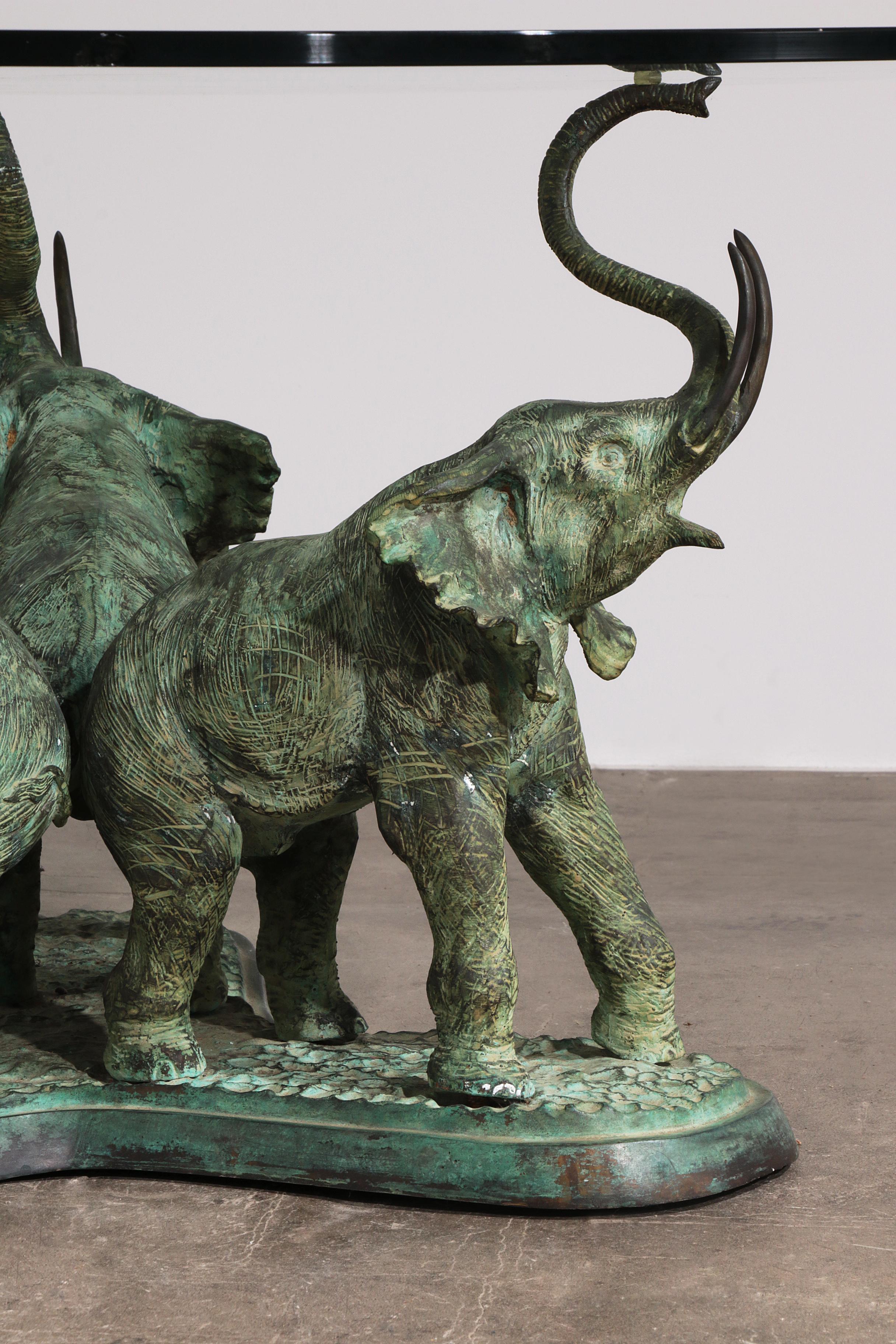 Exquisite 70s Bronze Elephant Table with Glass Top In Good Condition For Sale In Oirlo, LI