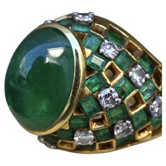 Exquisite 7.12ct Emerald & Diamond Cabochon Ring GIA Certified 18K Yellow Gold