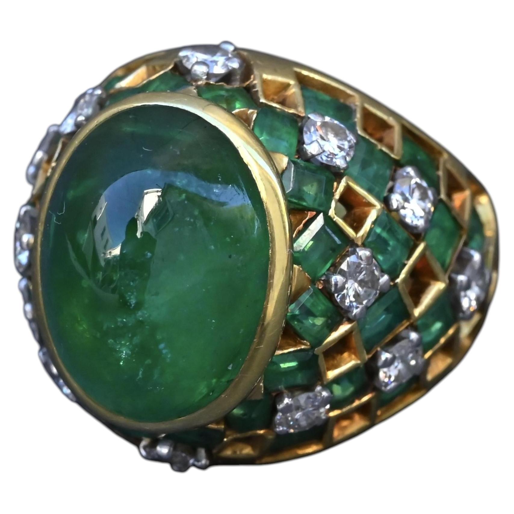 Exquisite 7,12ct Smaragd & Diamant Cabochon Ring GIA zertifiziert 18K Gelbgold