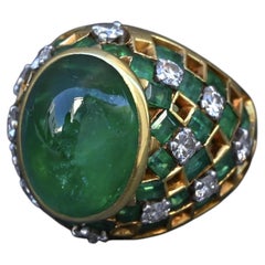 Exquisite 7.12ct Emerald & Diamond Cabochon Ring GIA Certified 18K Yellow Gold