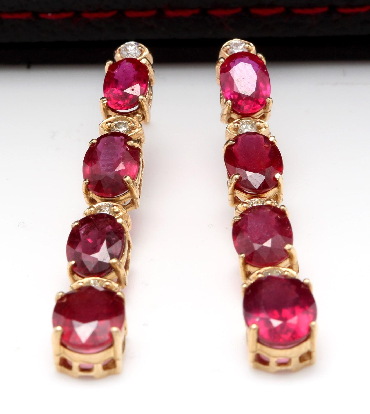 Exquisite 7.30 Carats Natural Red Ruby and Diamond 14K Solid Yellow Gold Earrings

Amazing looking piece!

Total Natural Round Cut White Diamonds Weight: Approx. 0.30 Carats (color G-H / Clarity SI1-SI2)

Total Natural Oval Cut Red Rubies Weight: