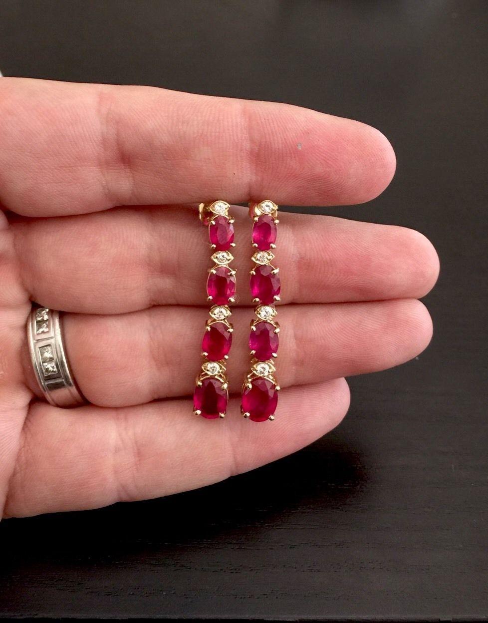 Exquisite 7.30 Carat Natural Red Ruby and Diamond 14k Solid Yellow Gold Earring In New Condition For Sale In Los Angeles, CA