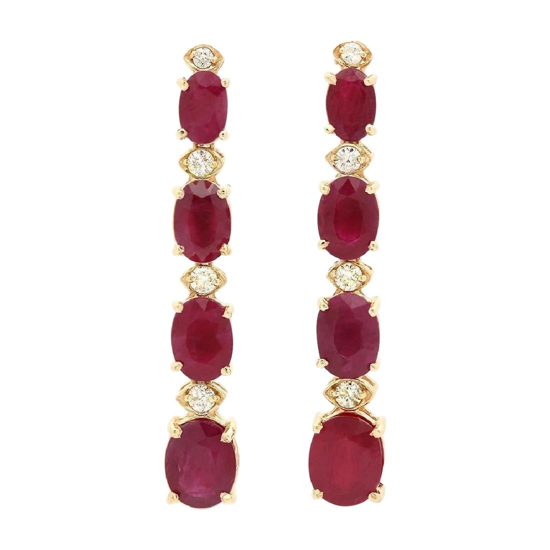 Exquisite 7.30 Carat Natural Red Ruby and Diamond 14k Solid Yellow Gold Earring For Sale