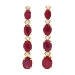 Exquisite 7.30 Carat Natural Red Ruby and Diamond 14k Solid Yellow Gold Earring