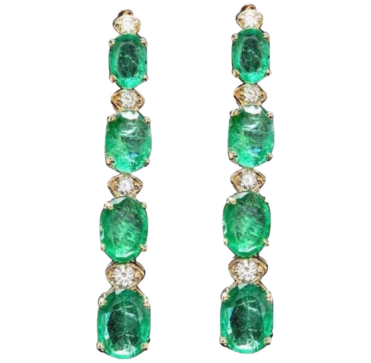 Exquisite 7.30 Carat Natural Emerald and Diamond 14 Karat Solid Gold Earrings For Sale