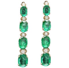 Exquisite 7.30 Carat Natural Emerald and Diamond 14 Karat Solid Gold Earrings