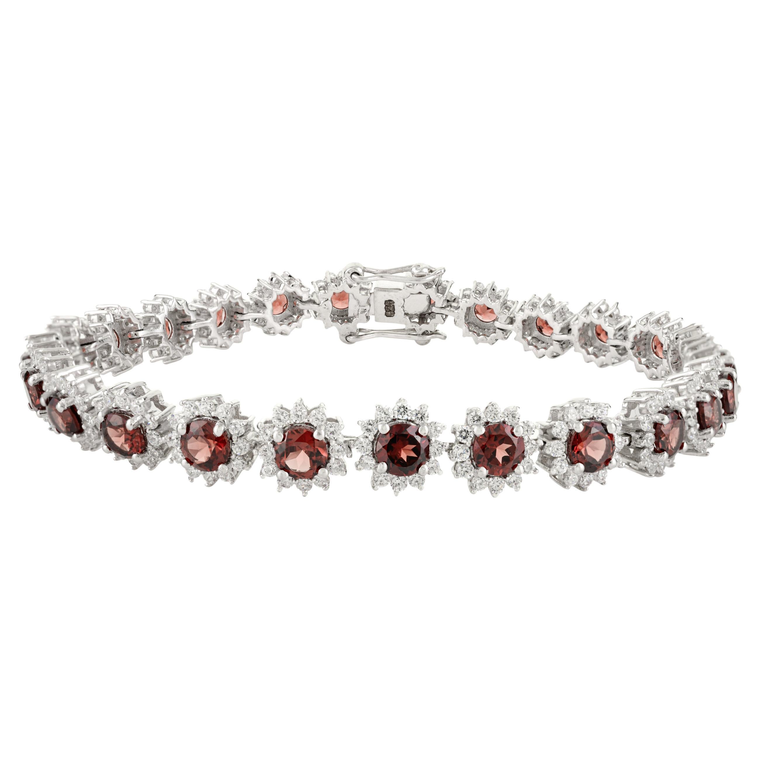 Exquisite 7.32 CTW Deep Red Garnet Tennis Bracelet with Halo CZ in 925 Silver