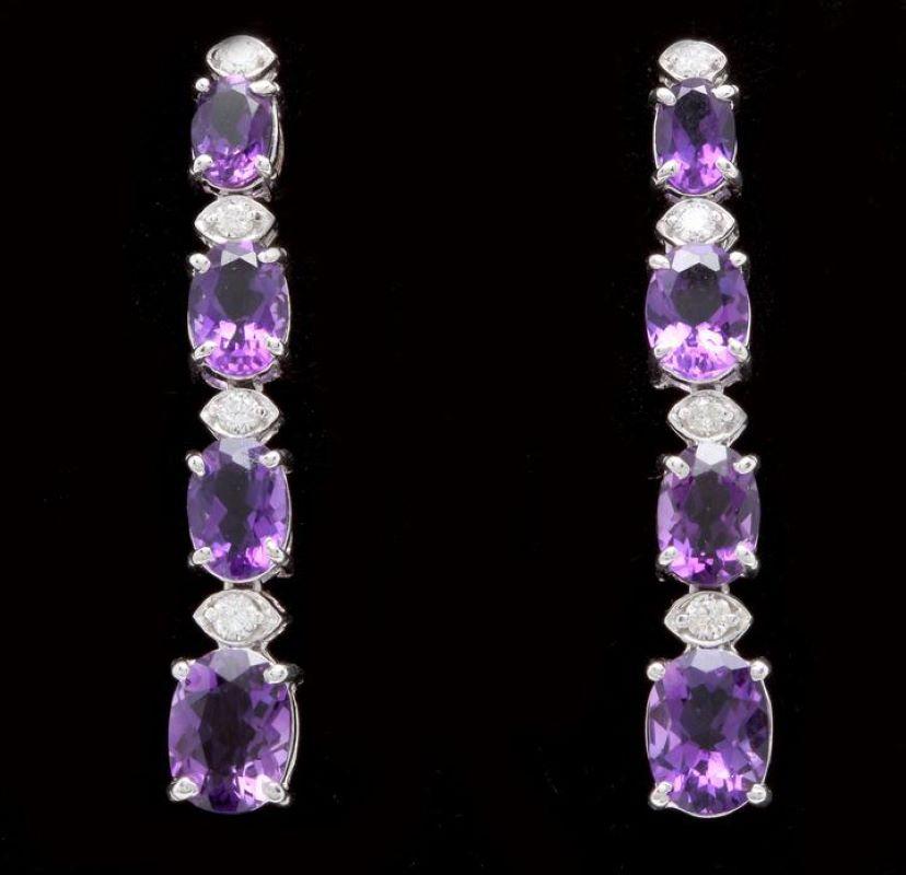 Oval Cut Exquisite 7.40 Carat Natural Amethyst and Diamond 14k Solid White Gold Earrings For Sale