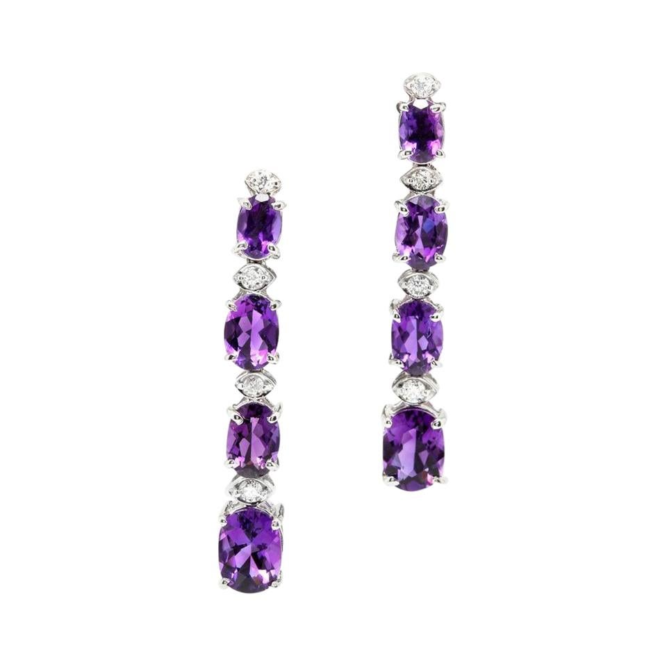 Exquisite 7.40 Carat Natural Amethyst and Diamond 14k Solid White Gold Earrings
