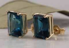 Exquisite 7.45 Carat Natural London Blue Topaz 14K Solid Yellow Gold Earrings