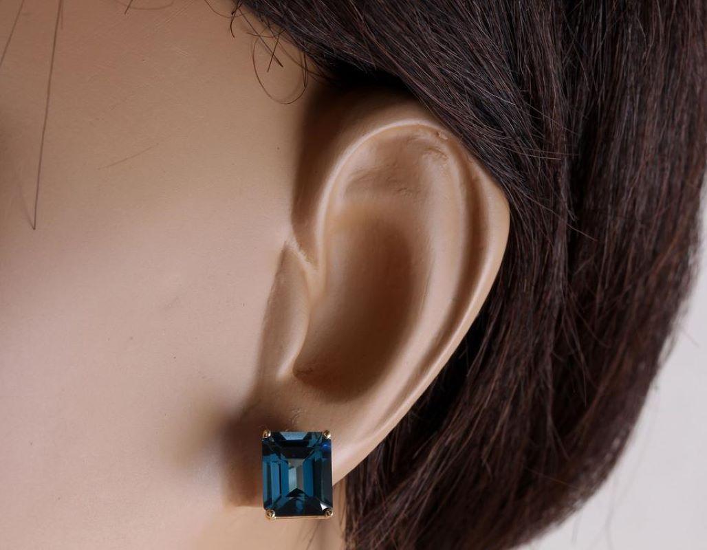 Emerald Cut Exquisite 7.45 Carat Natural London Blue Topaz 14K Solid Yellow Gold Earrings For Sale