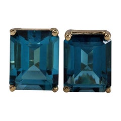 Exquisite 7.45 Carat Natural London Blue Topaz 14K Solid Yellow Gold Earrings