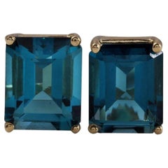 Exquises boucles d'oreilles en or jaune massif 14 carats avec topaze bleue naturelle de Londres de 7,45 carats