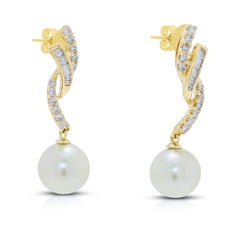 Exquisite 7.7mm Pink Pearl & 0.23ct Diamond Drop Earrings in 18K Yellow Gold