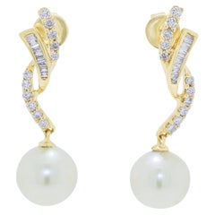 Exquisite 7.7mm Pink Pearl & 0.23ct Diamond Drop Earrings in 18K Yellow Gold