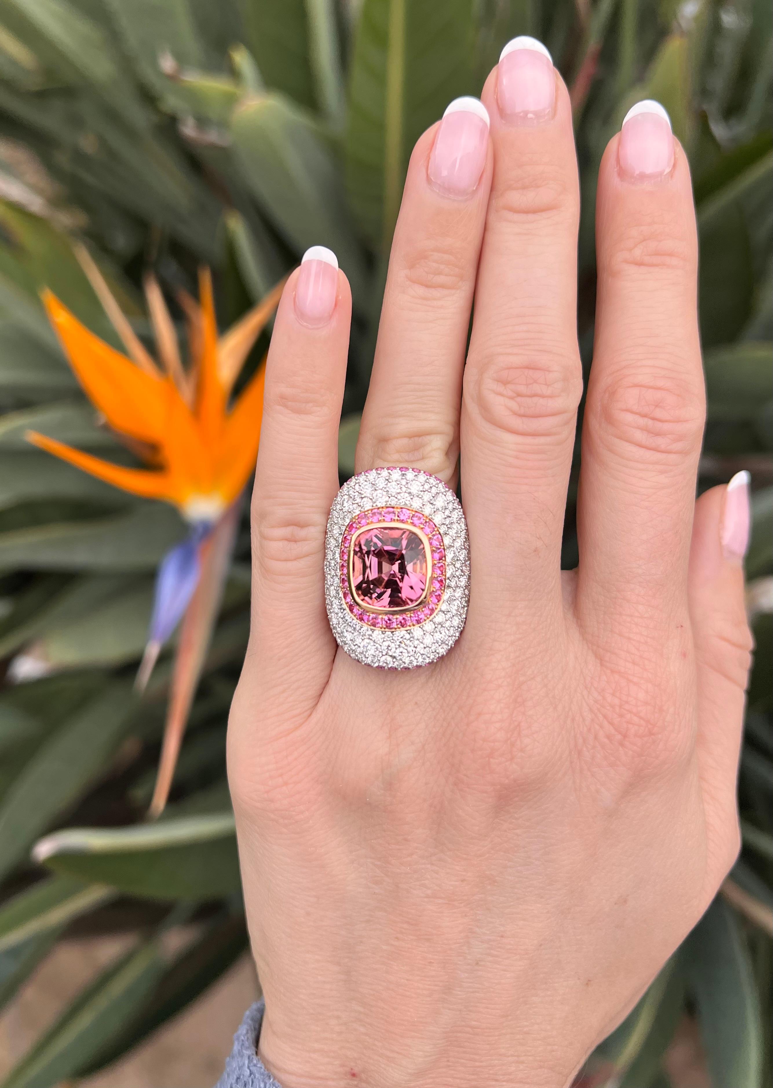 Contemporary Exquisite 7.87 Ct Luxury Pink Tourmaline Platinum Ring – A Unique Gift of Love For Sale