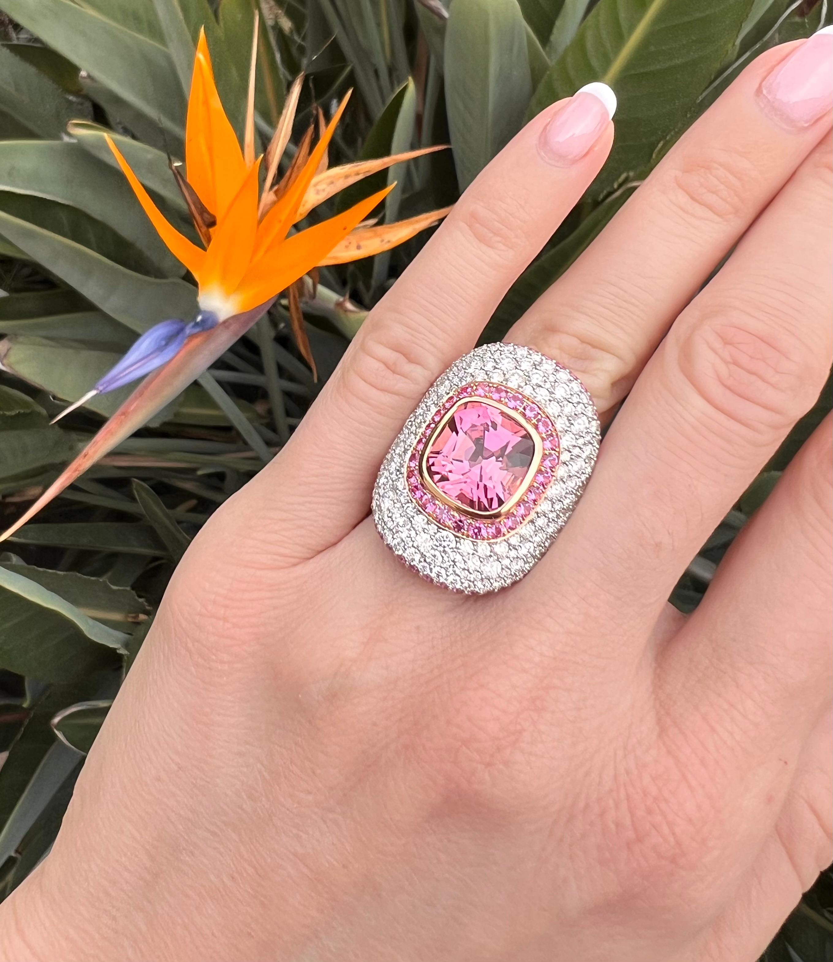Cushion Cut Exquisite 7.87 Ct Luxury Pink Tourmaline Platinum Ring – A Unique Gift of Love For Sale