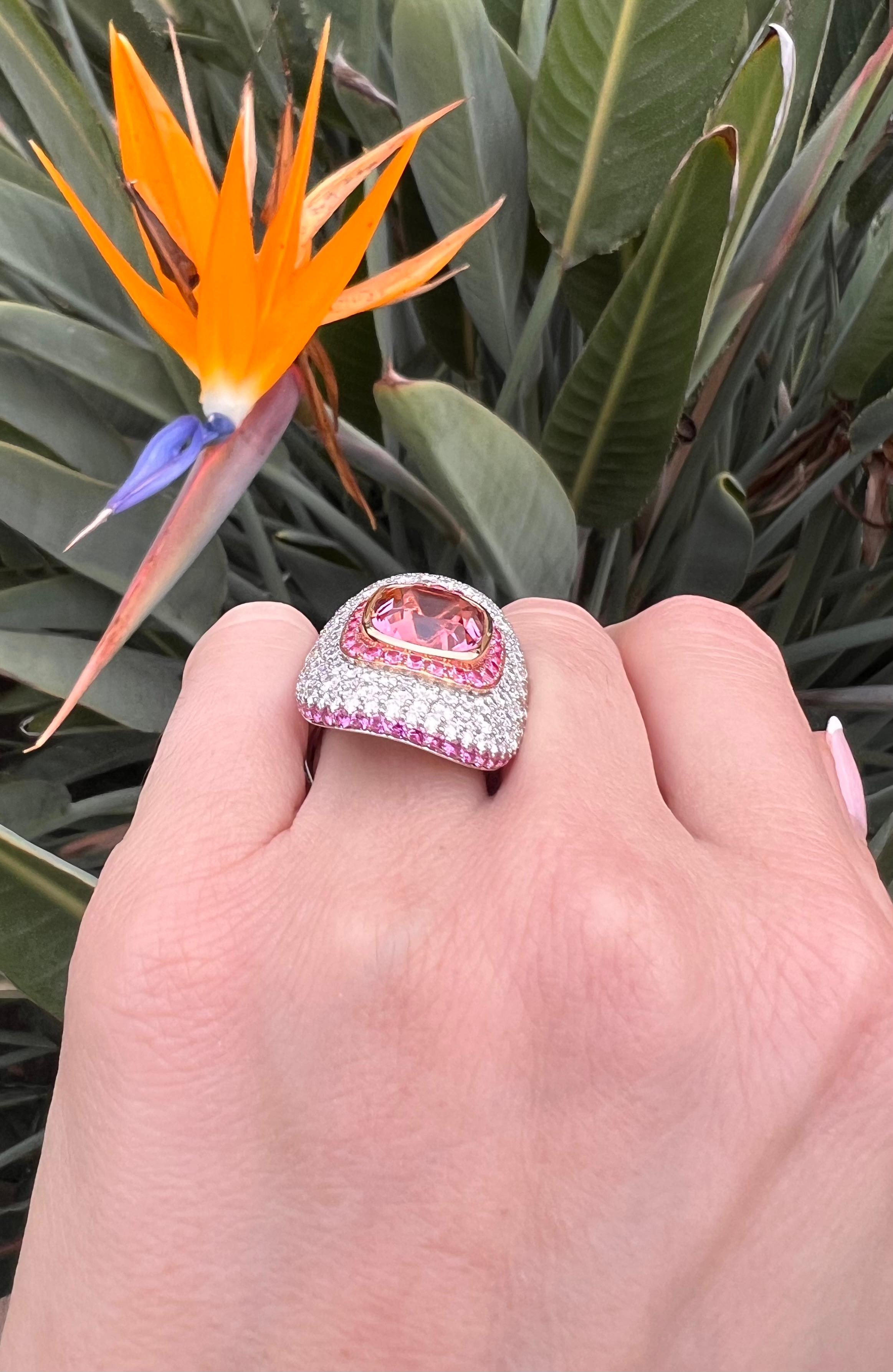 Exquisite 7.87 Ct Luxury Pink Tourmaline Platinum Ring – A Unique Gift of Love In New Condition For Sale In Beverly Hills, CA