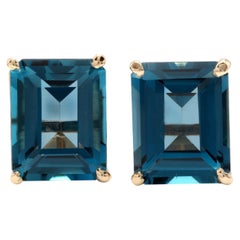 Clous d'oreilles exquis en or jaune massif 14 carats avec topaze bleue naturelle de Londres de 8,00 carats
