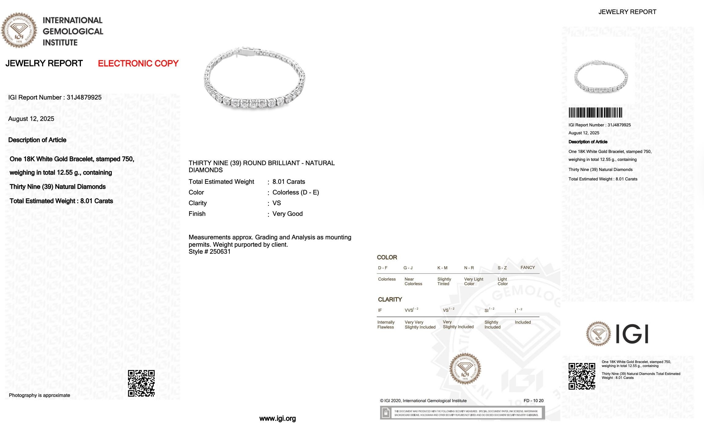 Donna Squisito bracciale tennis con 8,01 carati di diamanti in oro bianco 18 carati - certificato IGI in vendita