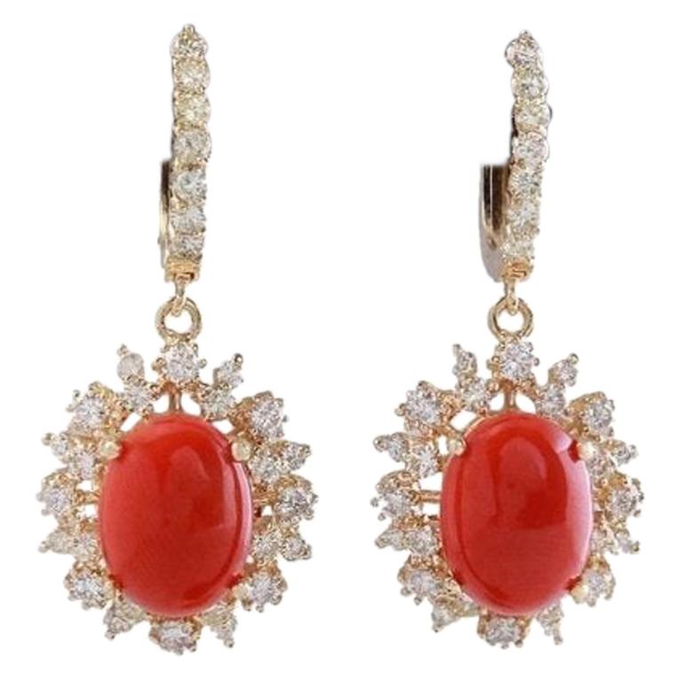 Exquisite 8.40 Carat Natural Red Coral and Diamond 14K Solid Yellow Gold Earring
