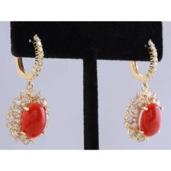 Exquisite 8.40 Carat Natural Red Coral and Diamond 14K Solid Yellow Gold Earring
