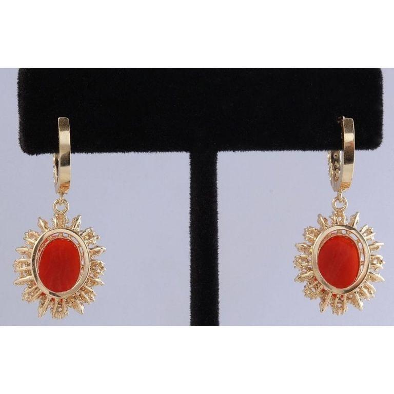 Round Cut Exquisite 8.40 Carat Natural Red Coral and Diamond 14K Solid Yellow Gold Earring For Sale