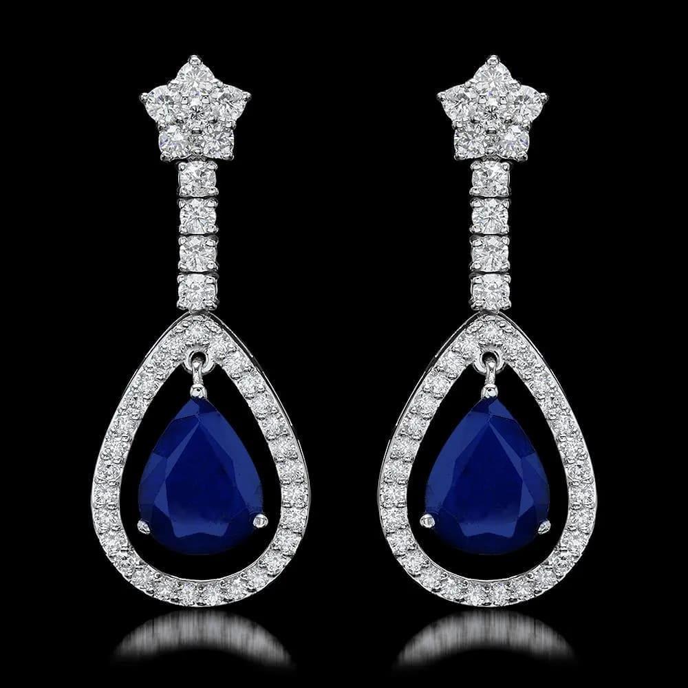 Mixed Cut Exquisite 9.00 Carats Natural Sapphire and Diamond 14K Solid White Gold Earrings For Sale
