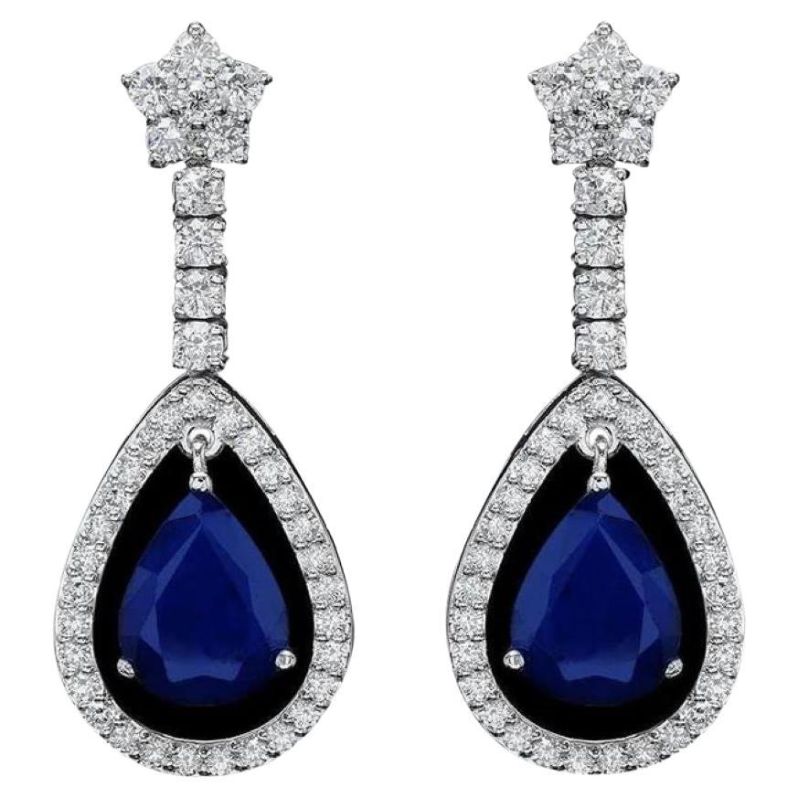 Exquisite 9.00 Carats Natural Sapphire and Diamond 14K Solid White Gold Earrings For Sale