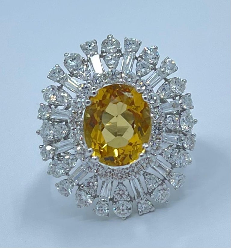 Oval Cut Exquisite 9.18 Precious Yellow Beryl or Heliodor and Diamond 18k White Gold Ring For Sale