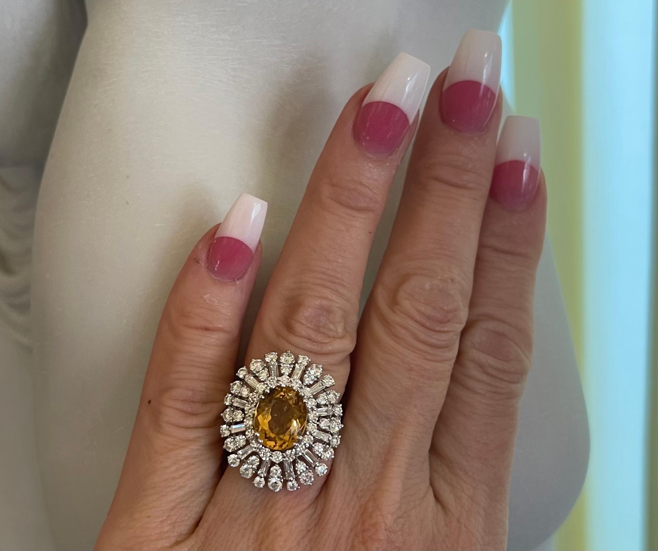 Artisan Exquisite 9.18 Precious Yellow Beryl or Heliodor and Diamond 18k White Gold Ring