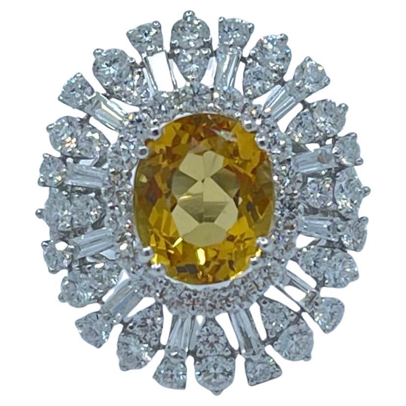 Exquisite 9.18 Precious Yellow Beryl or Heliodor and Diamond 18k White Gold Ring