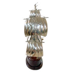 925 Sterling Silver Santa Maria Ship 1492 Model on Wooden Base