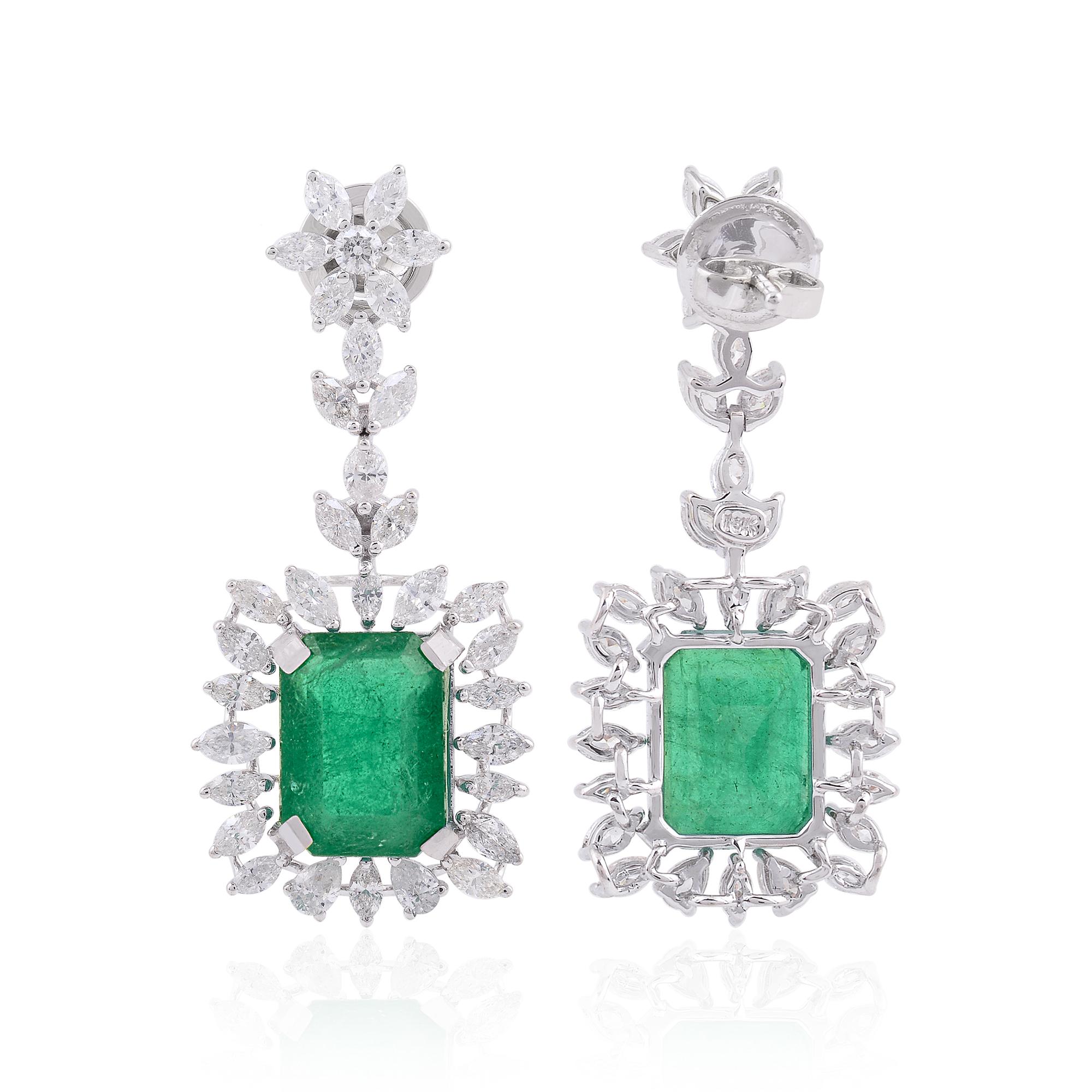 Art déco Boucles d'oreilles exquises en or blanc 18k avec émeraude zambienne de 9,26 ct et diamant de 3,60 ct en vente