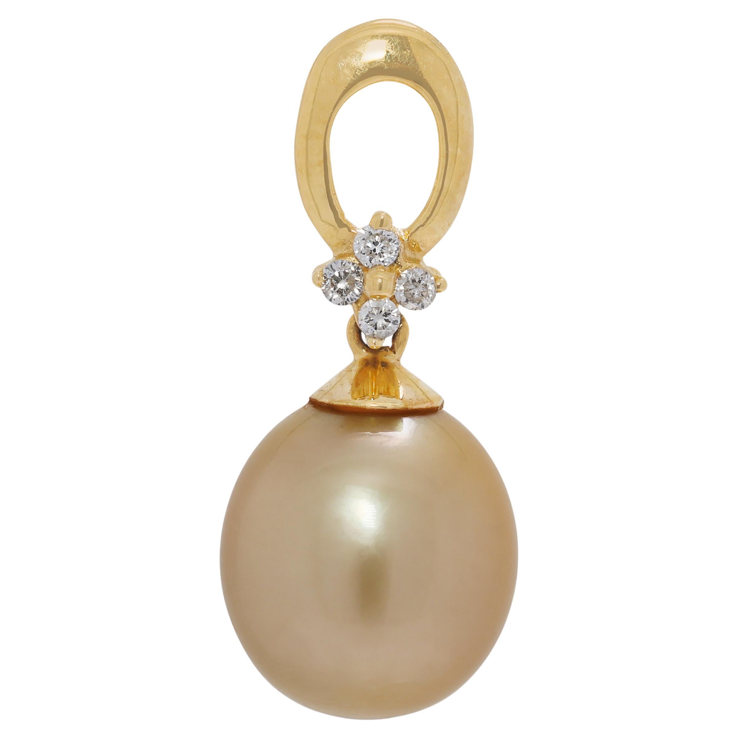 Pendentif exquis en or jaune 18K avec perle des mers du sud 9.7MM et 0.05ct diamants