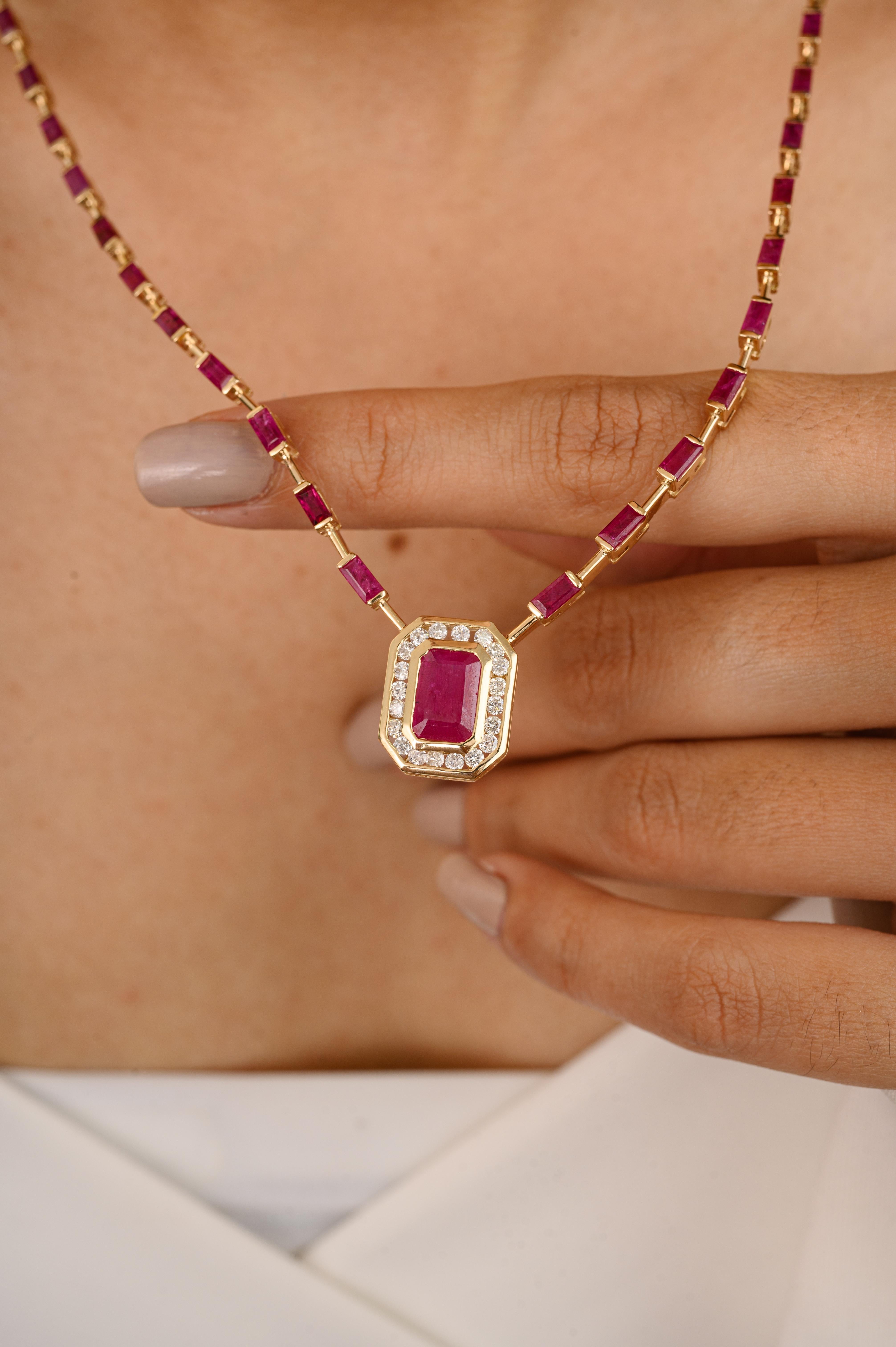 Exquisite 9.8 CTW Ruby Diamond Halo Pendant Necklace in 14K Gold studded with octagon and baguette cut ruby and round diamonds. This stunning piece of jewelry instantly elevates a casual look or dressy outfit. 
Ruby improves mental
