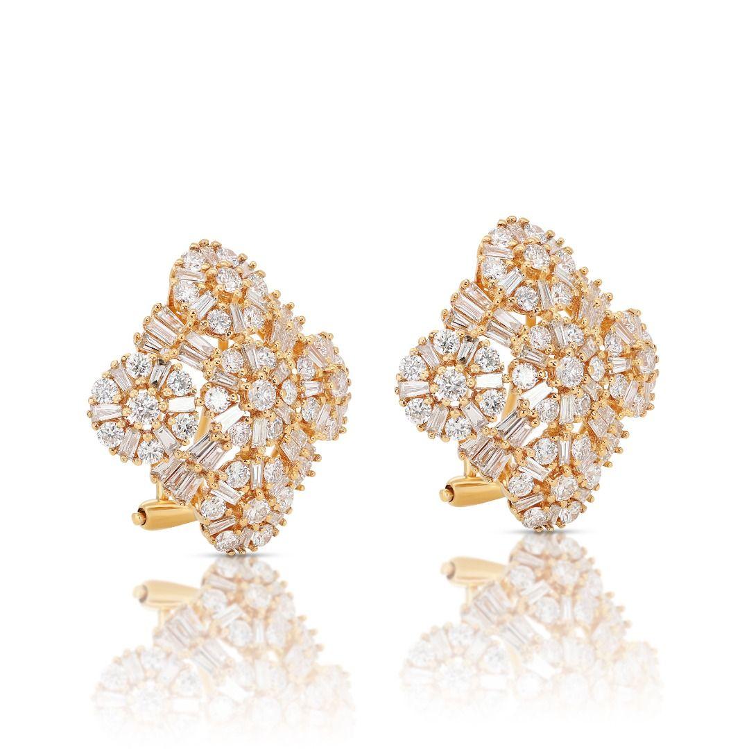 Round Cut Exquisite 9K Yellow Gold Earrings with 1.70ct Round and Taper Diamonds 