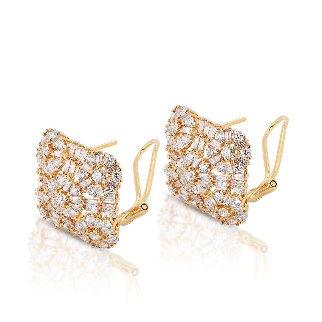 Women's Exquisite 9K Yellow Gold Earrings with 1.70ct Round and Taper Diamonds 