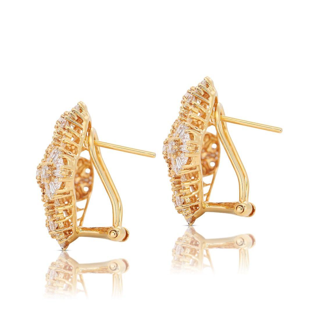 Exquisite 9K Yellow Gold Earrings with 1.70ct Round and Taper Diamonds  1