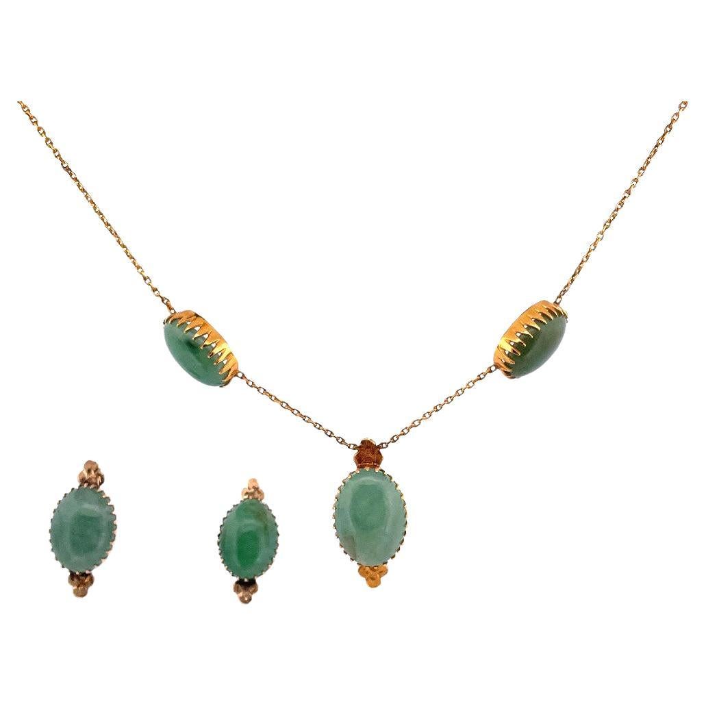 Exquisite 9k Yellow Gold Jade Necklace and Earrings Set