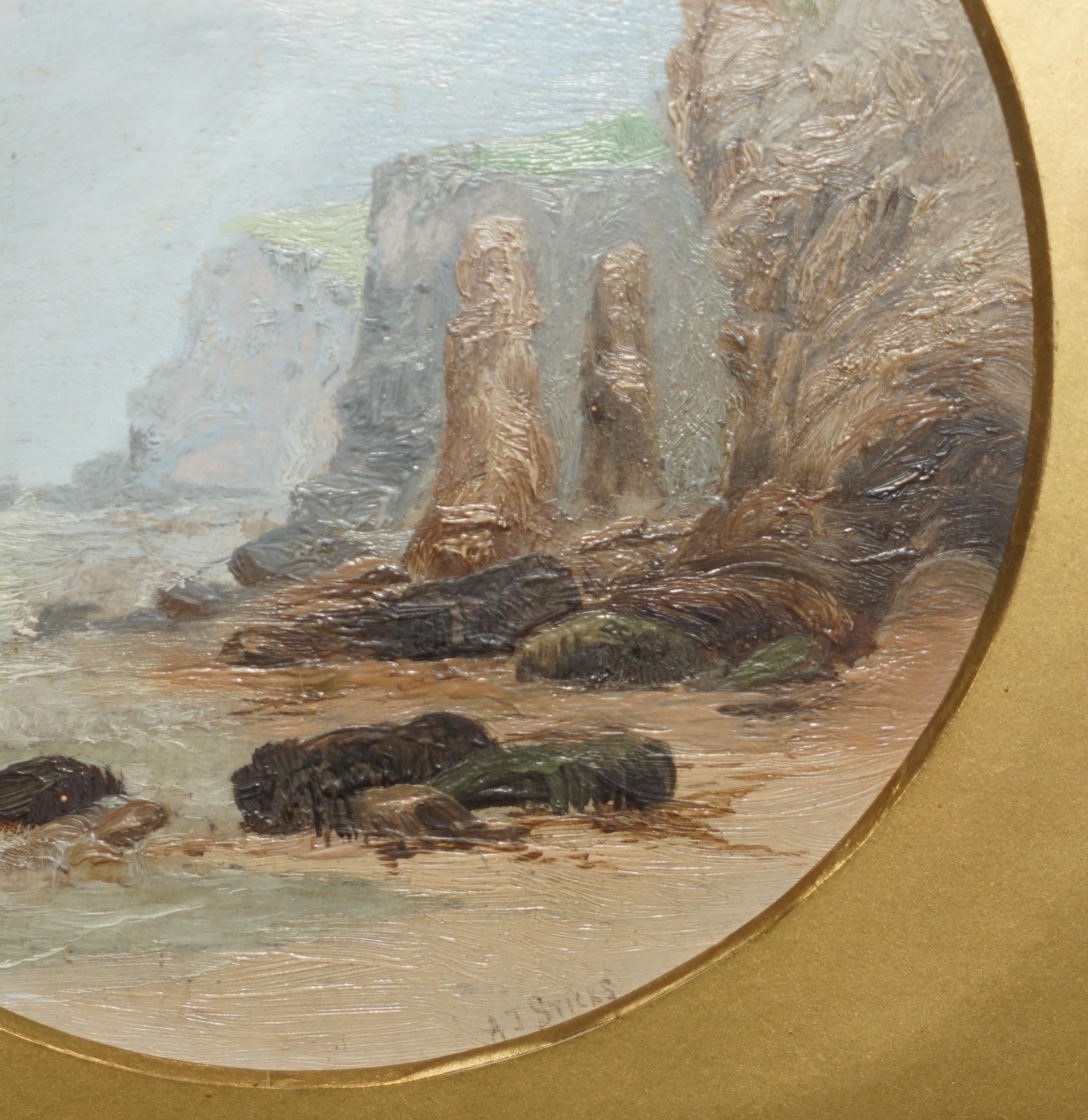 Victorian EXQUISITE A J STICKS SIGNED SMALL OIL PAINTING FRAME BY S L NIELSEN SEA & CLIFFs For Sale