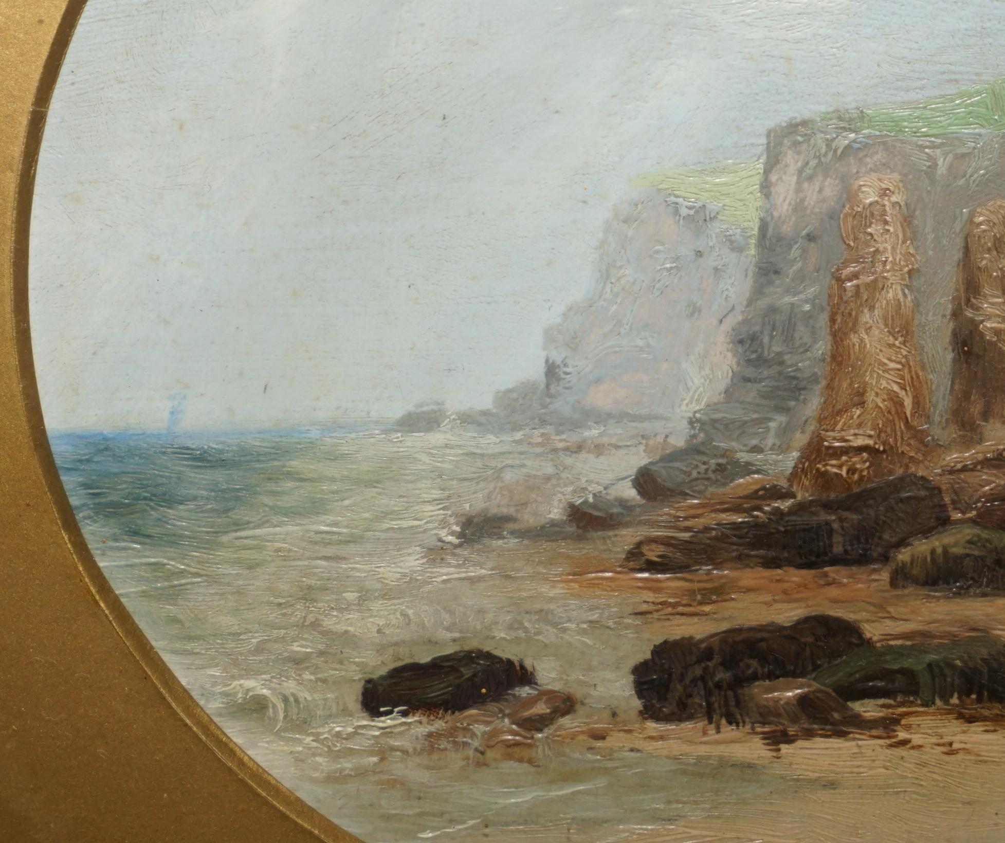 Hand-Painted EXQUISITE A J STICKS SIGNED SMALL OIL PAINTING FRAME BY S L NIELSEN SEA & CLIFFs For Sale