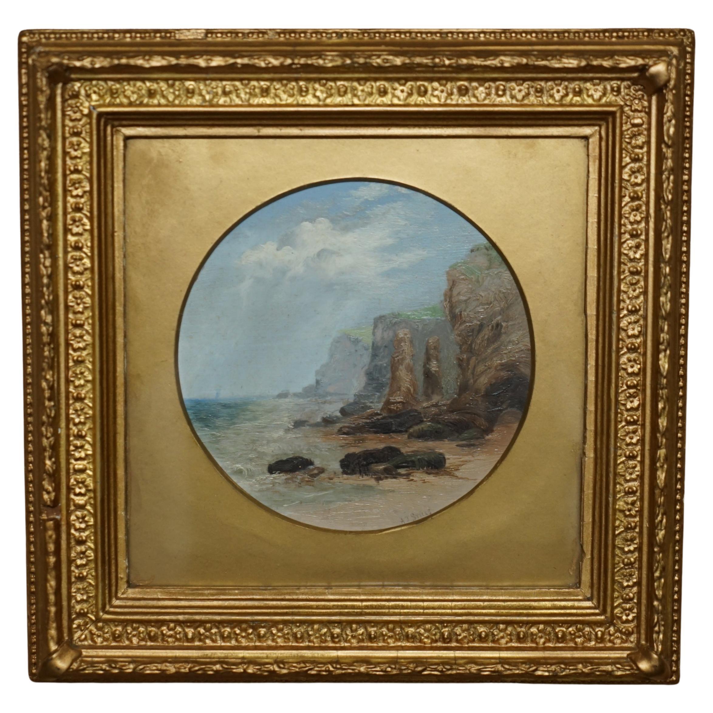 EXQUISITE A J STICKS SIGNED SMALL OIL PAINTING FRAME BY S L NIELSEN SEA & CLIFFs For Sale